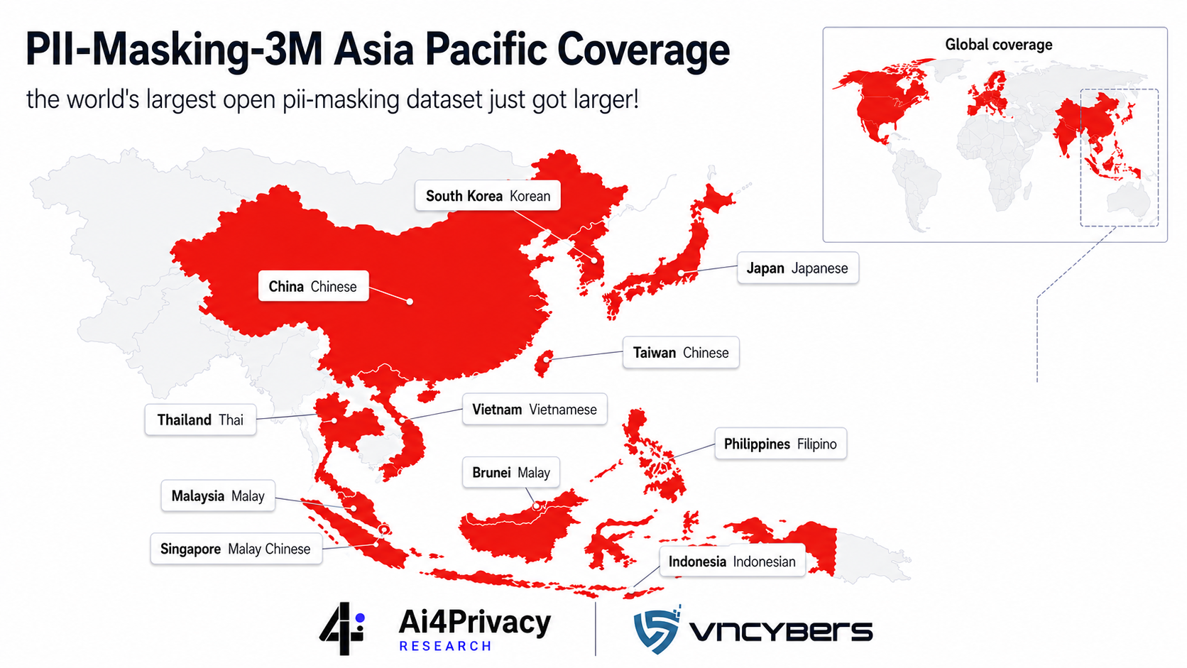 PII-Masking-3M Asia-Pacific coverage map across South Korea, Japan, China, Taiwan, Thailand, Vietnam, Malaysia, Brunei, the Philippines, and Singapore, with a global coverage inset